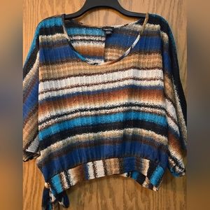 Pretty sheer blue, brown and white striped, boat neck sweater with open sleeves